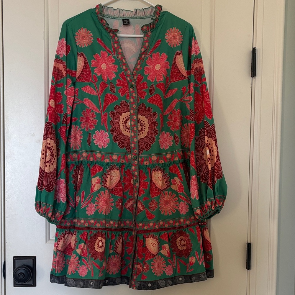 SHEIN Green and Red Floral Long Sleeve Dress